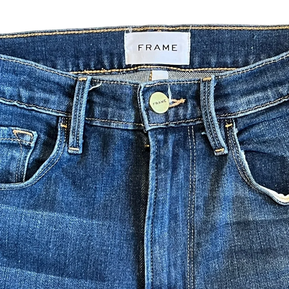 Frame Women’s Sz 27 High Rise Shorts Bermuda Jorts Medium Wash Denim Frayed Hem